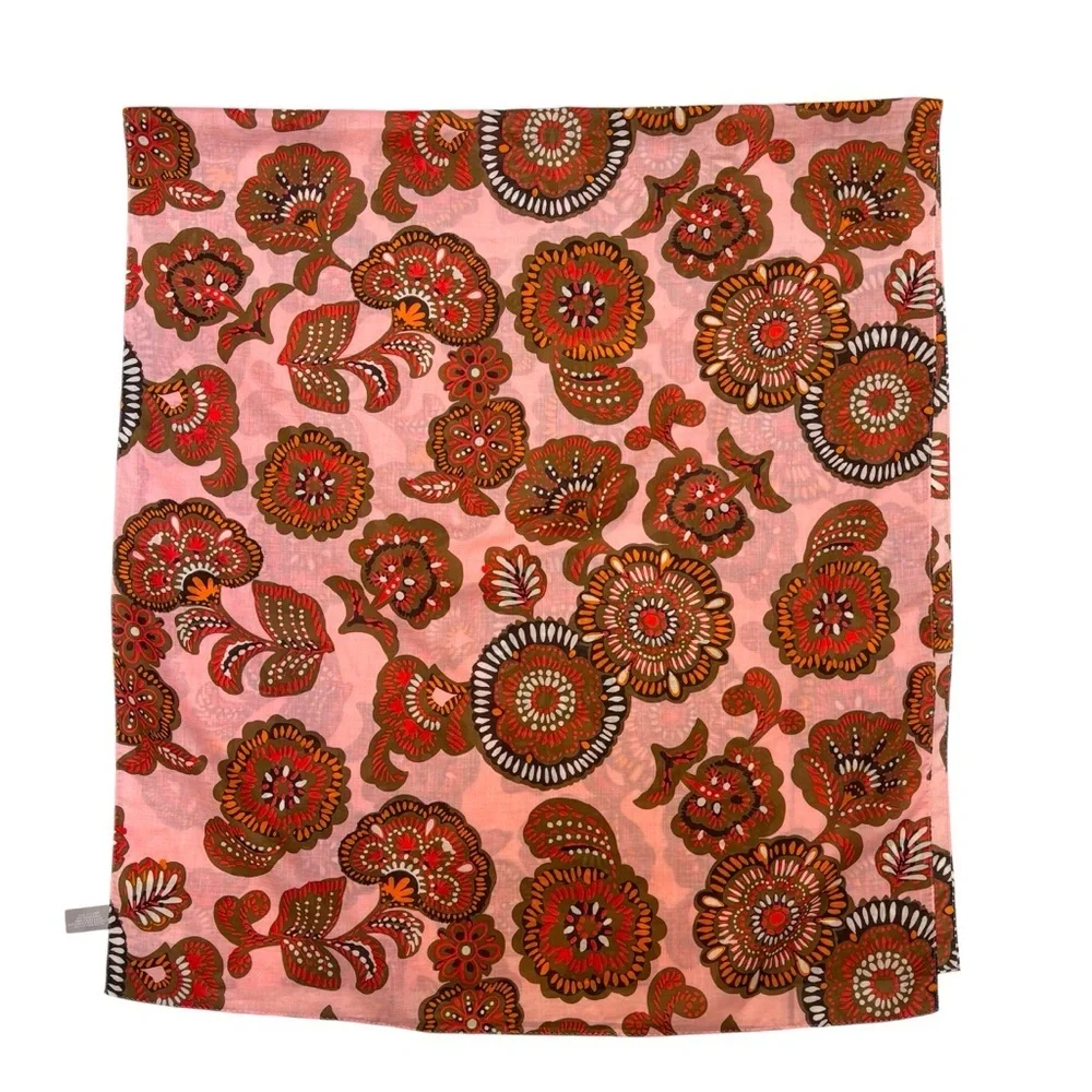 Vintage Echo Paisley Floral 100% Cotton Scarf Wrap Oblong PInk Brown Retro